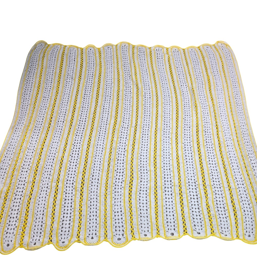Handmade Crochet Baby Blanket Yellow White Striped Scalloped Edge Throw 40x44